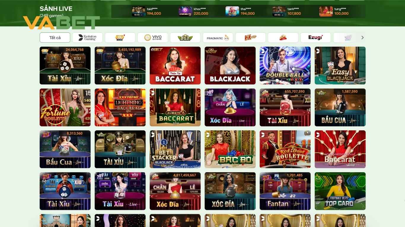 Các dòng game casino Hot trên nhà cái Vabet