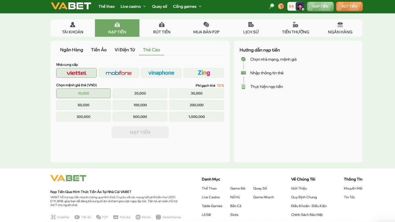 Tổng quan dịch vụ nạp tiền Vabet Tổng quan dịch vụ nạp tiền Vabet
