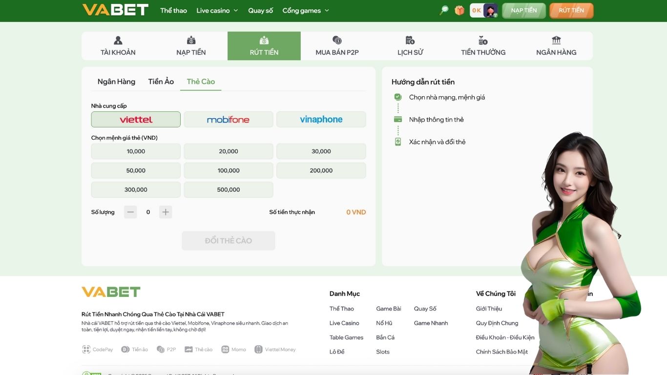 Rút tiền thưởng Vabet bằng thẻ cào điện thoại